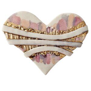 Bone China Style Heart Brooch, Vintage Modernist Pink Gold Pin J192